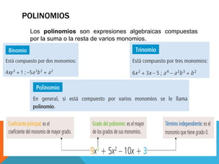POLINOMIOS
Los polinomios son expresiones algebraicas compuestas
por la suma o la resta de varios monomios.
 