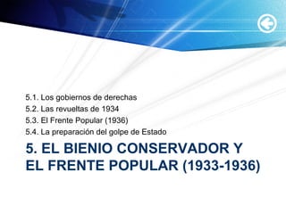 5. EL BIENIO CONSERVADOR Y
EL FRENTE POPULAR (1933-1936)
5.1. Los gobiernos de derechas
5.2. Las revueltas de 1934
5.3. El Frente Popular (1936)
5.4. La preparación del golpe de Estado
 