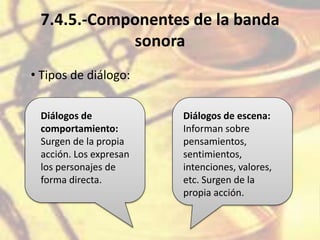 7.4.5.-Componentes de la banda
sonora
• Tipos de diálogo:
Diálogos de
comportamiento:
Surgen de la propia
acción. Los expresan
los personajes de
forma directa.
Diálogos de escena:
Informan sobre
pensamientos,
sentimientos,
intenciones, valores,
etc. Surgen de la
propia acción.
 
