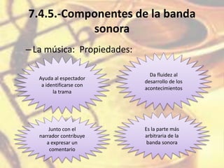 7.4.5.-Componentes de la banda
sonora
–La música: Propiedades:
Ayuda al espectador
a identificarse con
la trama
Da fluidez al
desarrollo de los
acontecimientos
Junto con el
narrador contribuye
a expresar un
comentario
Es la parte más
arbitraria de la
banda sonora
 