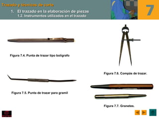 Trazado y técnicas de corteTrazado y técnicas de corte
Figura 7.4. Punta de trazar tipo bolígrafo
1.1. El trazado en la elaboración de piezasEl trazado en la elaboración de piezas
1.2. Instrumentos utilizados en el trazado1.2. Instrumentos utilizados en el trazado
Figura 7.5. Punta de trazar para gramil
Figura 7.6. Compás de trazar.
Figura 7.7. Granetes.
 