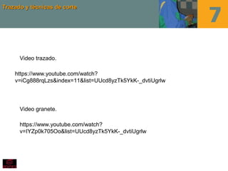 Trazado y técnicas de corteTrazado y técnicas de corte
https://www.youtube.com/watch?
v=IYZp0k705Oo&list=UUcd8yzTk5YkK-_dvtiUgrlw
Video granete.
Video trazado.
https://www.youtube.com/watch?
v=iCg888rqLzs&index=11&list=UUcd8yzTk5YkK-_dvtiUgrlw
 