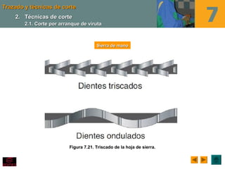 Trazado y técnicas de corteTrazado y técnicas de corte
Figura 7.21. Triscado de la hoja de sierra.
Sierra de manoSierra de mano
2.2. Técnicas de corteTécnicas de corte
2.1. Corte por arranque de viruta2.1. Corte por arranque de viruta
 