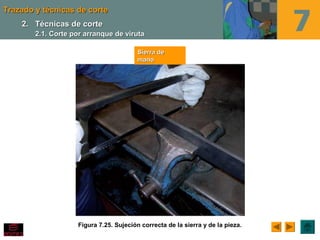 Trazado y técnicas de corteTrazado y técnicas de corte
Figura 7.25. Sujeción correcta de la sierra y de la pieza.
Sierra deSierra de
manomano
2.2. Técnicas de corteTécnicas de corte
2.1. Corte por arranque de viruta2.1. Corte por arranque de viruta
 