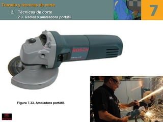 Trazado y técnicas de corteTrazado y técnicas de corte
Figura 7.33. Amoladora portátil.
2.2. Técnicas de corteTécnicas de corte
2.3. Radial o amoladora portátil2.3. Radial o amoladora portátil
 