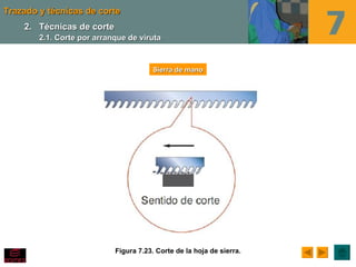 Trazado y técnicas de corte
    2. Técnicas de corte
        2.1. Corte por arranque de viruta



                                        Sierra de mano




                            Figura 7.23. Corte de la hoja de sierra.
 