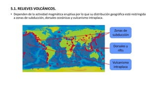 5.1. RELIEVES VOLCÁNICOS.
• Dependen de la actividad magmática eruptiva por lo que su distribución geográfica está restringida
a zonas de subducción, dorsales oceánicas y vulcanismo intraplaca.
 