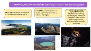 SUBSIDENCIA, COLAPSOS Y DESPLOMES: Se forman por el vaciado de la cámara magmática
CALDERAS: Se aprecia la forma de
la cámara magmática del volcán.
CRÁTERES: su forma puede ser
fisural, kson cráteres-caldera y
cráteras-mar(lago).
TUBOS VOLCÁNICOS:
cavidades formadas en
conductos por los que ha
circulado la lava. Pueden
alcanzar decenas de
kilómetros y formar redes
complejas
 