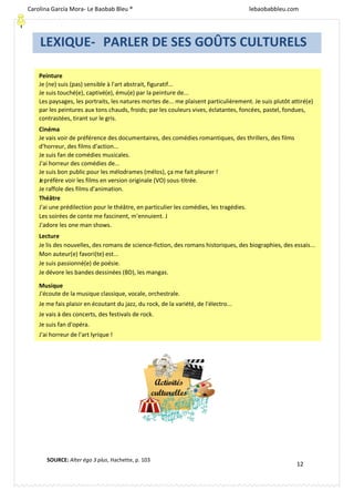 [Escriba texto]
12
Peinture
Je (ne) suis (pas) sensible à l'art abstrait, figuratif...
Je suis touché(e), captivé(e), ému(e) par la peinture de...
Les paysages, les portraits, les natures mortes de... me plaisent particulièrement. Je suis plutôt attiré(e)
par les peintures aux tons chauds, froids; par les couleurs vives, éclatantes, foncées, pastel, fondues,
contrastées, tirant sur le gris.
Cinéma
Je vais voir de préférence des documentaires, des comédies romantiques, des thrillers, des films
d'horreur, des films d'action...
Je suis fan de comédies musicales.
J'ai horreur des comédies de...
Je suis bon public pour les mélodrames (mélos), ça me fait pleurer !
Jepréfère voir les films en version originale (VO) sous-titrée.
Je raffole des films d'animation.
Théâtre
J'ai une prédilection pour le théâtre, en particulier les comédies, les tragédies.
Les soirées de conte me fascinent, m'ennuient. J
J'adore les one man shows.
Lecture
Je lis des nouvelles, des romans de science-fiction, des romans historiques, des biographies, des essais...
Mon auteur(e) favori(te) est...
Je suis passionné(e) de poésie.
Je dévore les bandes dessinées (BD), les mangas.
Musique
J'écoute de la musique classique, vocale, orchestrale.
Je me fais plaisir en écoutant du jazz, du rock, de la variété, de l'électro...
Je vais à des concerts, des festivals de rock.
Je suis fan d'opéra.
J'ai horreur de l'art lyrique !
LEXIQUE- PARLER DE SES GOÛTS CULTURELS
SOURCE: Alter égo 3 plus, Hachette, p. 103
Carolina García Mora- Le Baobab Bleu ® lebaobabbleu.com
lebaobabbleu.com
 