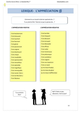 [Escriba texto]
13
L’APPRÉCIATION POSITIVE L’APPRÉCIATION NÉGATIVE
C’est bouleversant
C’est émouvant
C’est touchant
C’est fascinant
C’est génial
C’est passionnant
C’est original
C’est divertissant
C’est unique
C’est inoubliable
C’est spectaculaire
C’est merveilleux
C’est splendide
C’est magnifique
C’est remarquable
C’est mortel (fam.)
C’est terrible (fam.)
C’est fabuleux
C’est horrible
C’est choquant
C’est décevant
C’est ennuyant
C’est détestable
C’est affreux
C’est nul(e)
C’est monstrueux
C’est pittoresque
C’est scandaleux
C’est vulgaire
C’est une imposture
C’est un navet
Ça me laisse froid(e)
Ça me laisse de glace
Ça me laisse indifférent(e)
Bof! C’était un peu
décevant, n’est-ce pas?
Tu as aimé le
film?
Comment tu as trouvé le dernier spectacle de…?
Tu as aimé le film ? Qu’est-ce que tu penses de… ?
LEXIQUE- L’APPRÉCIATION 
Carolina García Mora- Le Baobab Bleu ® lebaobabbleu.com
lebaobabbleu.com
 