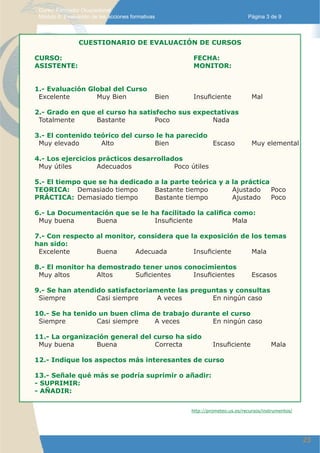 Curso: Formador Ocupacional.
 Módulo 8: Evaluación de las acciones formativas                              Página 3 de 9



                 CUESTIONARIO DE EVALUACIÓN DE CURSOS

CURSO:                                                FECHA:
ASISTENTE:                                            MONITOR:


1.- Evaluación Global del Curso
 Excelente       Muy Bien                      Bien   Insuficiente              Mal

2.- Grado en que el curso ha satisfecho sus expectativas
 Totalmente      Bastante         Poco           Nada

3.- El contenido teórico del curso le ha parecido
 Muy elevado       Alto           Bien            Escaso                        Muy elemental

4.- Los ejercicios prácticos desarrollados
 Muy útiles       Adecuados             Poco útiles

5.- El tiempo que se ha dedicado a la parte teórica y a la práctica
TEORICA: Demasiado tiempo        Bastante tiempo        Ajustado    Poco
PRÁCTICA: Demasiado tiempo       Bastante tiempo        Ajustado    Poco

6.- La Documentación que se le ha facilitado la califica como:
 Muy buena      Buena           Insuficiente            Mala

7.- Con respecto al monitor, considera que la exposición de los temas
han sido:
 Excelente       Buena      Adecuada        Insuficiente    Mala

8.- El monitor ha demostrado tener unos conocimientos
 Muy altos        Altos    Suficientes    Insuficientes                         Escasos

9.- Se han atendido satisfactoriamente las preguntas y consultas
 Siempre         Casi siempre     A veces       En ningún caso

10.- Se ha tenido un buen clima de trabajo durante el curso
 Siempre         Casi siempre    A veces        En ningún caso

11.- La organización general del curso ha sido
 Muy buena       Buena           Correcta                      Insuficiente             Mala

12.- Indique los aspectos más interesantes de curso

13.- Señale qué más se podría suprimir o añadir:
- SUPRIMIR:
- AÑADIR:

                                                      http://prometeo.us.es/recursos/instrumentos/




                                                                                                     23
 