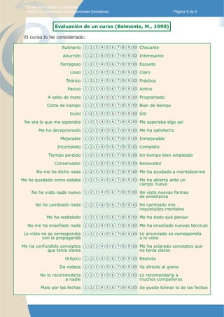 Curso: Formador Ocupacional.
  Módulo 8: Evaluación de las acciones formativas                  Página 9 de 9



                  Evaluación de un curso (Belmonte, M., 1990)

 El curso lo he considerado:

                      Rutinario 1 2 3 4 5 6 7 8 9 10 Chocante

                      Aburrido 1 2 3 4 5 6 7 8 9 10 Interesante

                     Farragoso 1 2 3 4 5 6 7 8 9 10 Escueto

                          Lioso 1 2 3 4 5 6 7 8 9 10 Claro

                        Teórico 1 2 3 4 5 6 7 8 9 10 Práctico

                         Pasivo 1 2 3 4 5 6 7 8 9 10 Activo

              A salto de mata 1 2 3 4 5 6 7 8 9 10 Programado

             Corto de tiempo 1 2 3 4 5 6 7 8 9 10 Bien de tiempo

                          Inútil 1 2 3 4 5 6 7 8 9 10 Útil

 No era lo que me esperaba 1 2 3 4 5 6 7 8 9 10 Me esperaba algo así

        Me ha decepcionado 1 2 3 4 5 6 7 8 9 10 Me ha satisfecho

                     Mejorable 1 2 3 4 5 6 7 8 9 10 Inmejorable

                   Incompleto 1 2 3 4 5 6 7 8 9 10 Completo

              Tiempo perdido 1 2 3 4 5 6 7 8 9 10 Un tiempo bien empleado

                 Conservador 1 2 3 4 5 6 7 8 9 10 Renovador

       No me ha dicho nada 1 2 3 4 5 6 7 8 9 10 Me ha ayudado a mentalizarme

Me he quedado como estaba 1 2 3 4 5 6 7 8 9 10 Me ha abierto ante un
                                               campo nuevo

    No he visto nada nuevo 1 2 3 4 5 6 7 8 9 10 He visto nuevas formas
                                                de enseñanza

      No he cambiado nada 1 2 3 4 5 6 7 8 9 10 He cambiado mis
                                               inquietudes mentales

             Me ha resbalado 1 2 3 4 5 6 7 8 9 10 Me ha dado qué pensar

  No me ha enseñado nada 1 2 3 4 5 6 7 8 9 10 Me ha enseñado nuevas técnicas

 Lo visto no se correspondía 1 2 3 4 5 6 7 8 9 10 Lo anunciado se correspondía
          con la propaganda                       a lo visto

Me ha confundido conceptos 1 2 3 4 5 6 7 8 9 10 Me ha aclarado conceptos que
           que tenía claros                     no tenía claros

                       Utópico 1 2 3 4 5 6 7 8 9 10 Realista

                    Da rodeos 1 2 3 4 5 6 7 8 9 10 Va directo al grano

         No lo recomendaría 1 2 3 4 5 6 7 8 9 10 Lo recomendaría a
                    a nadie                      muchos compañeros

         Malo por las fechas 1 2 3 4 5 6 7 8 9 10 Se puede tolerar lo de las fechas
 