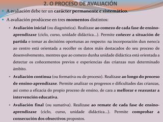2. O PROCESO DE AVALIACIÓN
 A avaliación debe ter un carácter permanente e sistemático.
 A avaliación prodúcese en tres momentos distintos:
 Avaliación inicial (ou diagnóstica). Realízase ao comezo de cada fase de ensino-
aprendizaxe (ciclo, curso, unidade didáctica...). Permite coñecer a situación de
partida e tomar as decisións oportunas ao respecto: na incorporación dun neno/a
ao centro está orientada a recoller os datos máis destacados do seu proceso de
desenvolvemento, mentres que ao comezo dunha unidade didáctica está orientada a
detectar os coñecementos previos e experiencias das crianzas nun determinado
ámbito.
 Avaliación continua (ou formativa ou de proceso). Realízase ao longo do proceso
de ensino-aprendizaxe. Permite analizar os progresos e dificultades das crianzas,
así como a eficacia do propio proceso de ensino, de cara a mellorar e reaxustar a
intervención educativa.
 Avaliación final (ou sumativa). Realízase ao remate de cada fase de ensino-
aprendizaxe (ciclo, curso, unidade didáctica...). Permite comprobar a
consecución dos obxectivos propostos.
 
