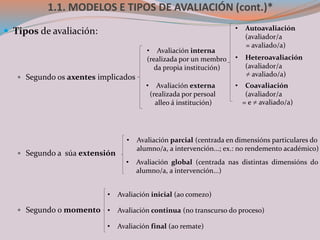 1.1. MODELOS E TIPOS DE AVALIACIÓN (cont.)*
 Tipos de avaliación:
 Segundo os axentes implicados
 Segundo a súa extensión
 Segundo o momento
• Avaliación interna
(realizada por un membro
da propia institución)
• Avaliación externa
(realizada por persoal
alleo á institución)
• Autoavaliación
(avaliador/a
= avaliado/a)
• Heteroavaliación
(avaliador/a
≠ avaliado/a)
• Coavaliación
(avaliador/a
= e ≠ avaliado/a)
• Avaliación parcial (centrada en dimensións particulares do
alumno/a, a intervención...; ex.: no rendemento académico)
• Avaliación global (centrada nas distintas dimensións do
alumno/a, a intervención...)
• Avaliación inicial (ao comezo)
• Avaliación continua (no transcurso do proceso)
• Avaliación final (ao remate)
 