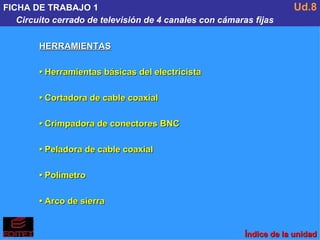 FICHA DE TRABAJO 1 Circuito cerrado de televisión de 4 canales con cámaras fijas Ud.8 HERRAMIENTAS •  Herramientas básicas del electricista •  Cortadora de cable coaxial •  Crimpadora de conectores BNC •  Peladora de cable coaxial •  Polímetro •  Arco de sierra Índice de la unidad 