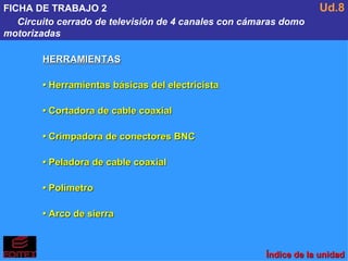 FICHA DE TRABAJO 2 Circuito cerrado de televisión de 4 canales con cámaras domo  motorizadas Ud.8 HERRAMIENTAS •  Herramientas básicas del electricista •  Cortadora de cable coaxial •  Crimpadora de conectores BNC •  Peladora de cable coaxial •  Polímetro •  Arco de sierra Índice de la unidad 