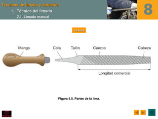 Técnicas de limado y abrasión
    1. Técnica del limado
       2.1. Limado manual


                                       La lima




                            Figura 8.5. Partes de la lima.
 