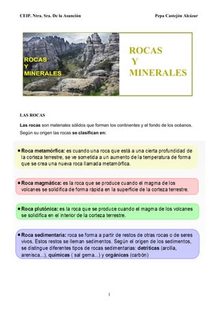 CEIP. Ntra. Sra. De la Asunción Pepa Castejón Alcázar
1
LAS ROCAS
Las rocas son materiales sólidos que forman los continentes y el fondo de los océanos.
Según su origen las rocas se clasifican en:
ROCAS
Y
MINERALES
 