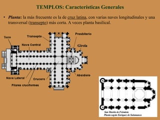 •  Planta: la más frecuente es la de cruz latina, con varias naves longitudinales y una
transversal (transepto) más corta. A veces planta basilical.
TEMPLOS: Características Generales
Presbiterio
 