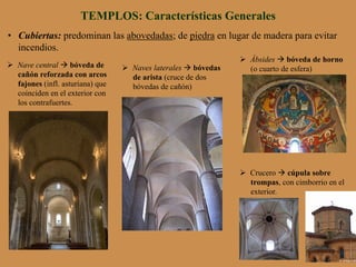•  Cubiertas: predominan las abovedadas; de piedra en lugar de madera para evitar
incendios.
TEMPLOS: Características Generales
Ø  Nave central à bóveda de
cañón reforzada con arcos
fajones (infl. asturiana) que
coinciden en el exterior con
los contrafuertes.
Ø  Crucero à cúpula sobre
trompas, con cimborrio en el
exterior.
Ø  Naves laterales à bóvedas
de arista (cruce de dos
bóvedas de cañón)
Ø  Ábsides à bóveda de horno
(o cuarto de esfera)
 