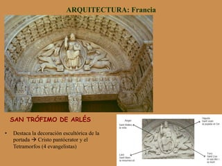 SAN TRÓFIMO DE ARLÉS
ARQUITECTURA: Francia
•  Destaca la decoración escultórica de la
portada à Cristo pantócrator y el
Tetramorfos (4 evangelistas)
 