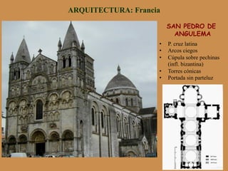 SAN PEDRO DE
ANGULEMA
ARQUITECTURA: Francia
•  P. cruz latina
•  Arcos ciegos
•  Cúpula sobre pechinas
(infl. bizantina)
•  Torres cónicas
•  Portada sin parteluz
 