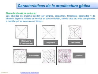 Características de la arquitectura gótica
Tipos de bóveda de crucería:
Las bóvedas de crucería pueden ser simples, sexpartitas, terceletes, estrelladas y de
abanico, según el número de nervios en que se dividen, siendo cada vez más complicadas
a medida que se avanza en el tiempo.
Jairo Martín fueradeclae-vdp.blogspot.com
 