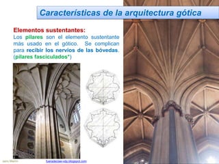 Características de la arquitectura gótica
Elementos sustentantes:
Los pilares son el elemento sustentante
más usado en el gótico. Se complican
para recibir los nervios de las bóvedas.
(pilares fasciculados*)
Jairo Martín fueradeclae-vdp.blogspot.com
 