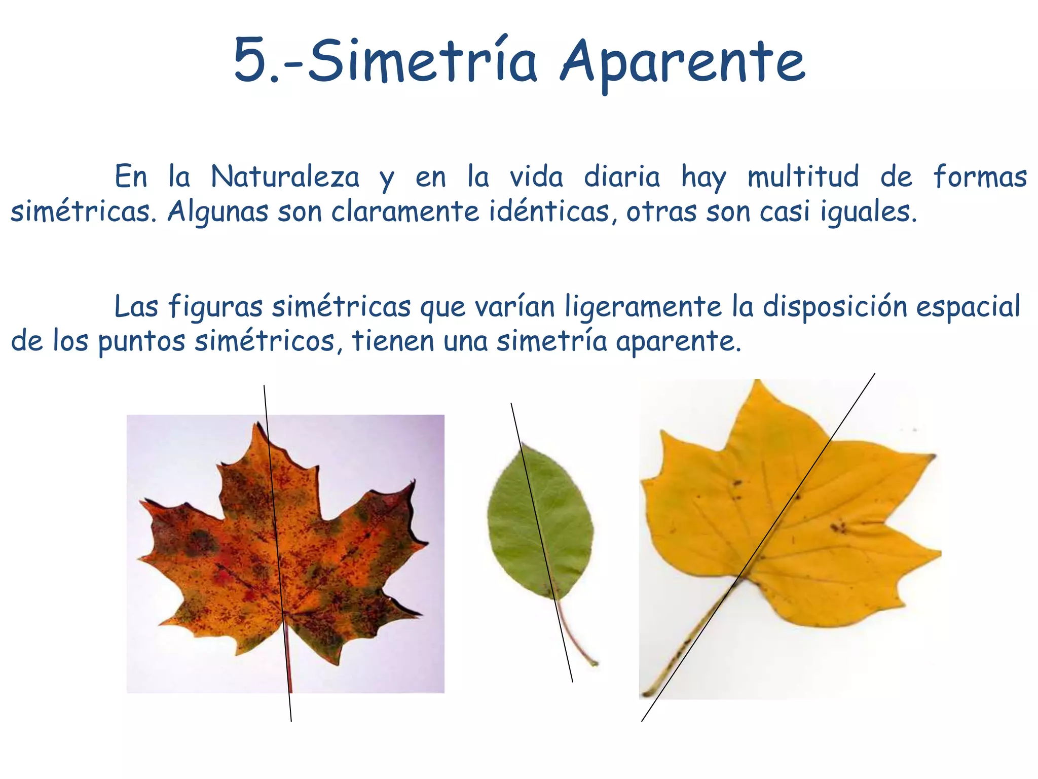 5.-Simetría Aparente
En la Naturaleza y en la vida diaria hay multitud de formas
simétricas. Algunas son claramente idénticas, otras son casi iguales.
Las figuras simétricas que varían ligeramente la disposición espacial
de los puntos simétricos, tienen una simetría aparente.
 
