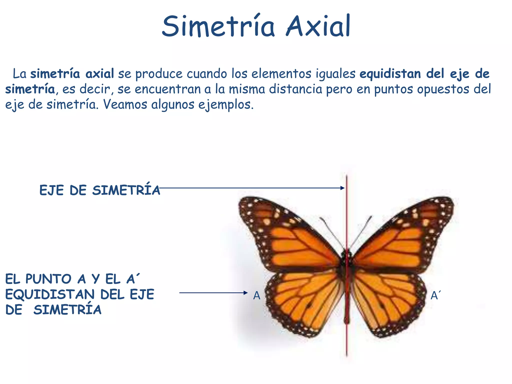 Simetría Axial
La simetría axial se produce cuando los elementos iguales equidistan del eje de
simetría, es decir, se encuentran a la misma distancia pero en puntos opuestos del
eje de simetría. Veamos algunos ejemplos.
EJE DE SIMETRÍA
A A´
EL PUNTO A Y EL A´
EQUIDISTAN DEL EJE
DE SIMETRÍA
 