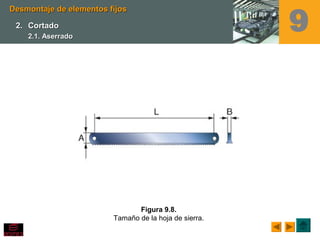 Figura 9.8.
Tamaño de la hoja de sierra.
Desmontaje de elementos fijosDesmontaje de elementos fijos
2.2. CortadoCortado
2.1. Aserrado2.1. Aserrado
9
 