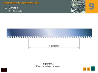 Figura 9.7.
Paso de la hoja de sierra.
Desmontaje de elementos fijosDesmontaje de elementos fijos
2.2. CortadoCortado
2.1. Aserrado2.1. Aserrado
9
 