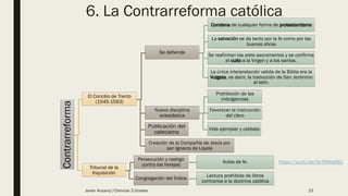 6. La Contrarreforma católica
Contrarreforma
El Concilio de Trento
(1545-1563)
Se defiende
Condena de cualquier forma de protestantismo
La salvación se da tanto por la fe como por las
buenas obras
Se reafirman los siete sacramentos y se confirma
el culto a la Virgen y a los santos.
La única interpretación valida de la Biblia era la
Vulgata, es decir, la traducción de San Jerónimo
al latín.
Nueva disciplina
eclesiástica
Prohibición de las
indulgencias
Favorecer la instrucción
del clero
Vida ejemplar y celibato
Publicación del
catecismo
Creación de la Compañía de Jesús por
san Ignacio de Loyola
Tribunal de la
Inquisición
Persecución y castigo
contra los herejes
Autos de fe.
Congregación del Índice
Lectura prohibida de libros
contrarios a la doctrina católica
https://youtu.be/Nr-RWAeBIjU
Javier Anzano//Ciencias 2.0ciales 23
 