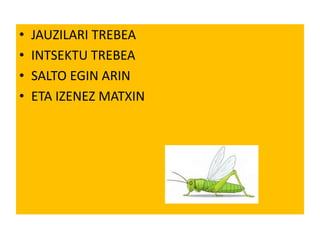 •   JAUZILARI TREBEA
•   INTSEKTU TREBEA
•   SALTO EGIN ARIN
•   ETA IZENEZ MATXIN
 