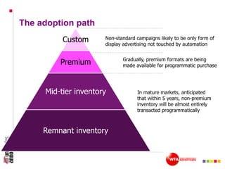 The adoption path
Custom
In mature markets, anticipated
that within 5 years, non-premium
inventory will be almost entirely
transacted programmatically
Gradually, premium formats are being
made available for programmatic purchase
Non-standard campaigns likely to be only form of
display advertising not touched by automation
Custom
Premium
Mid-tier inventory
Remnant inventory
 