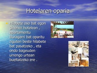 Hotelaren oparia Hilabete oso bat egon ginenez hotelean , apartamentu liluragarri bat oparitu ziguten beste hilabete bat pasatzeko , eta ondo bageuden urrengo urtean bueltatzeko ere . 