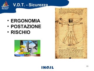 V.D.T. - Sicurezza

• ERGONOMIA
• POSTAZIONE
• RISCHIO

11

 