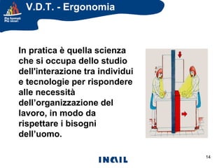 V.D.T. - Ergonomia

In pratica è quella scienza
che si occupa dello studio
dell'interazione tra individui
e tecnologie per rispondere
alle necessità
dell’organizzazione del
lavoro, in modo da
rispettare i bisogni
dell’uomo.
14

 