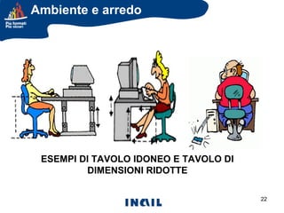 Ambiente e arredo

ESEMPI DI TAVOLO IDONEO E TAVOLO DI
DIMENSIONI RIDOTTE
22

 