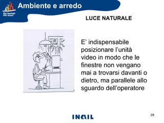 Ambiente e arredo
LUCE NATURALE

E’ indispensabile
posizionare l’unità
video in modo che le
finestre non vengano
mai a trovarsi davanti o
dietro, ma parallele allo
sguardo dell’operatore

28

 