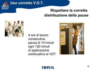 Uso corretto V.D.T.
Rispettare la corretta
distribuzione delle pause

4 ore di lavoro
consecutive,
pausa di 15 minuti
ogni 120 minuti
di applicazione
continuativa ai VDT

30

 