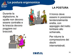 La postura ergonomica
LA POSTURA
Durante la
digitazione, le
spalle non devono
essere contratte e
le braccia devono
poggiare sui
braccioli.

Il tronco deve
essere in posizione
tendenzialmente
eretta, con
appoggio del tratto
lombare allo
schienale,
Per ridurre la
compressione dei
dischi
intervertebrali.
34

 