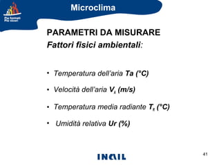 Microclima
PARAMETRI DA MISURARE
Fattori fisici ambientali:
• Temperatura dell’aria Ta (°C)
• Velocità dell’aria VA (m/s)
• Temperatura media radiante TR (°C)
• Umidità relativa Ur (%)

41

 