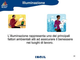 Illuminazione

L’illuminazione rappresenta uno dei principali
fattori ambientali atti ad assicurare il benessere
nei luoghi di lavoro.

44

 