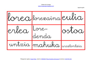 Udaberriko hiztegia
                                      www.margarigela.blogspot.com
                                                                                                             Laguntza gela




lorea lorezaina eulia
                           Lore-
erlea                                                                                 ostoa
                           denda
untxia mahuka                                                                         ureztontzia


   Piktogramen egilea: Sergio Palao Jatorria: ARASAAC (http://catedu.es/arasaac/) Lizentzia: CC (BY-NC-SA)
 