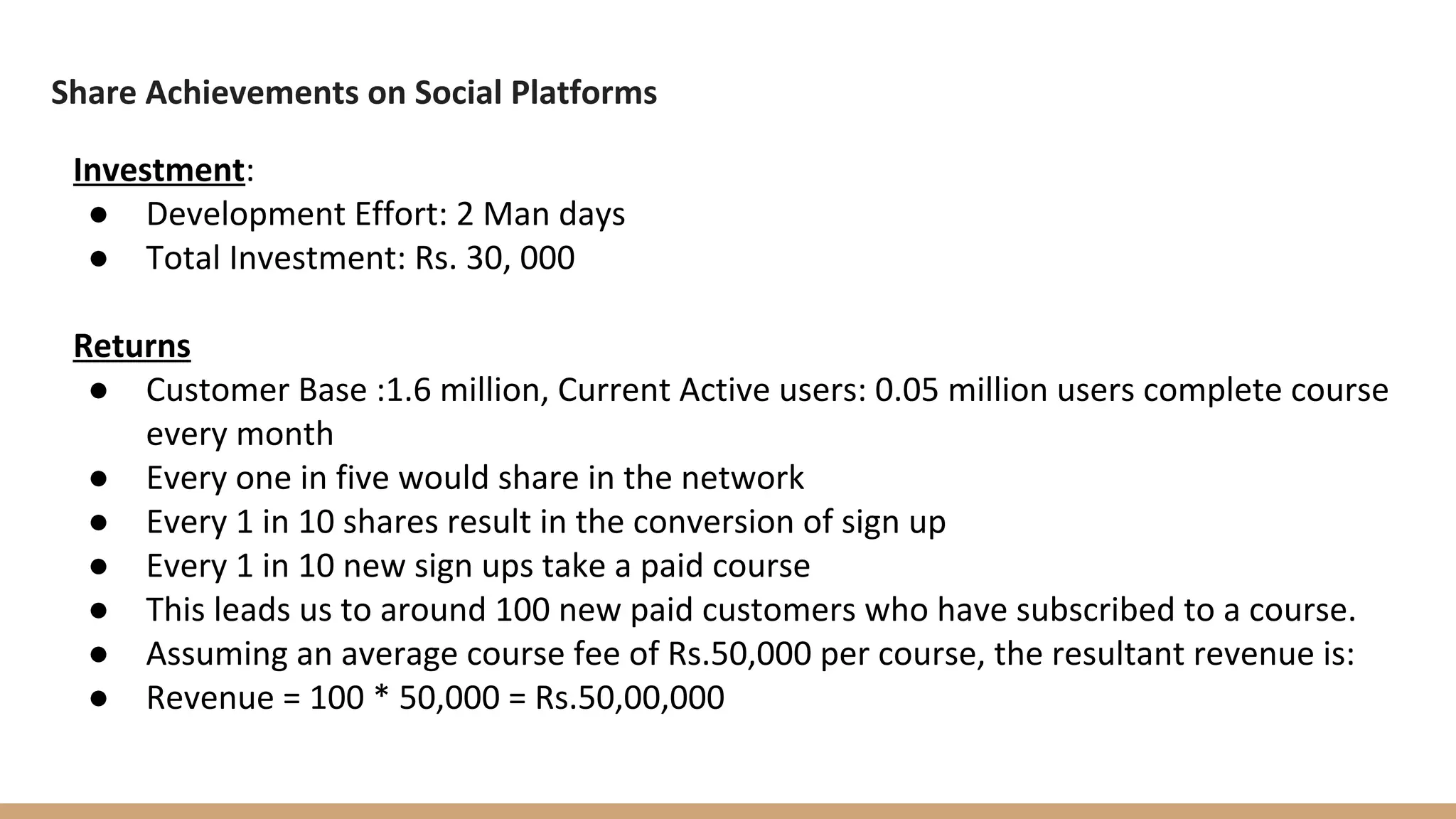 Share Achievements on Social Platforms
Investment:
● Development Effort: 2 Man days
● Total Investment: Rs. 30, 000
Returns
● Customer Base :1.6 million, Current Active users: 0.05 million users complete course
every month
● Every one in five would share in the network
● Every 1 in 10 shares result in the conversion of sign up
● Every 1 in 10 new sign ups take a paid course
● This leads us to around 100 new paid customers who have subscribed to a course.
● Assuming an average course fee of Rs.50,000 per course, the resultant revenue is:
● Revenue = 100 * 50,000 = Rs.50,00,000
 