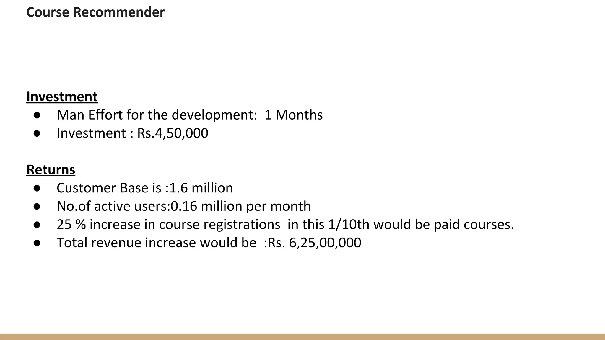 Course Recommender
Investment
● Man Effort for the development: 1 Months
● Investment : Rs.4,50,000
Returns
● Customer Base is :1.6 million
● No.of active users:0.16 million per month
● 25 % increase in course registrations in this 1/10th would be paid courses.
● Total revenue increase would be :Rs. 6,25,00,000
 
