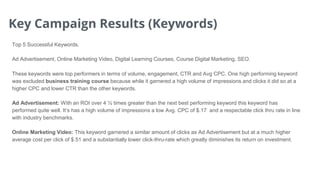 Top 5 Successful Keywords.
Ad Advertisement, Online Marketing Video, Digital Learning Courses, Course Digital Marketing, SEO.
These keywords were top performers in terms of volume, engagement, CTR and Avg CPC. One high performing keyword
was excluded business training course because while it garnered a high volume of impressions and clicks it did so at a
higher CPC and lower CTR than the other keywords.
Ad Advertisement: With an ROI over 4 ½ times greater than the next best performing keyword this keyword has
performed quite well. It’s has a high volume of impressions a low Avg. CPC of $.17 and a respectable click thru rate in line
with industry benchmarks.
Online Marketing Video: This keyword garnered a similar amount of clicks as Ad Advertisement but at a much higher
average cost per click of $.51 and a substantially lower click-thru-rate which greatly diminishes its return on investment.
Key Campaign Results (Keywords)
 