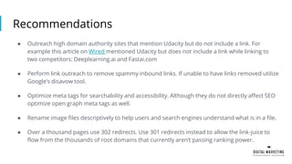 Recommendations
● Outreach high domain authority sites that mention Udacity but do not include a link. For
example this article on Wired mentioned Udacity but does not include a link while linking to
two competitors: Deeplearning.ai and Fastai.com
● Perform link outreach to remove spammy inbound links. If unable to have links removed utilize
Google’s disavow tool.
● Optimize meta tags for searchability and accessibility. Although they do not directly affect SEO
optimize open graph meta tags as well.
● Rename image files descriptively to help users and search engines understand what is in a file.
● Over a thousand pages use 302 redirects. Use 301 redirects instead to allow the link-juice to
flow from the thousands of root domains that currently aren’t passing ranking power.
 