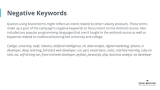 Negative Keywords
Queries using brand terms might reflect an intent related to other Udacity products. These terms
make up a part of the campaign's negative keywords to focus intent on the Android course. Also
included are popular programming languages that aren’t taught in the android course as well as
keywords related to traditional learning like university and college.
College, university, swift, robotics, artificial intelligence, c#, data analyst, digital marketing, iphone, vr
developer, deep, learning, full stack web developer, uni, perl, visual basic, react, machine learning, ruby on
rails, ios, self-driving car, front-end web developer, python, javascript, php, business analyst, ios developer
 